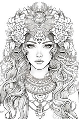 coloring page with of adult princess in a line art hand drawn style for kids and teens