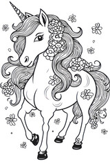 Cute cartoon unicorn illustration in a line art hand drawn style for kids