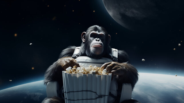 Ape eating movie popcorn in space from a theatre seat, moon in background,