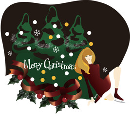 Illustration of a woman wearing skate boots for Christmas. Christmas tree and lots of ribbons, Merry Christmas letters
