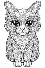 Cute cat coloring page with mandala element in a line art hand drawn style for kids