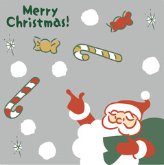 An illustration of a cheerful Santa Claus with a big beard spreading his arms for Christmas. Christmas tree and candy and striped cane candy, Merry Christmas letters 2

