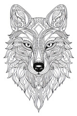 Cute wolf coloring page with mandala element in a line art hand drawn style for kids