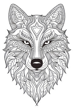 Cute wolf coloring page with mandala element in a line art hand drawn style for kids
