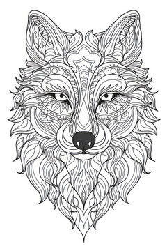 Cute wolf coloring page with mandala element in a line art hand drawn style for kids