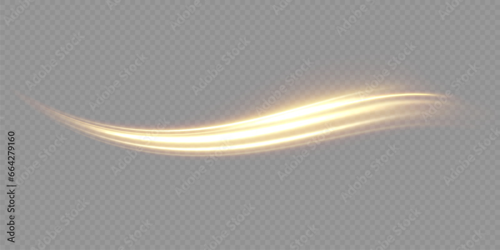 Aufkleber Golden glowing swirl. The effect of moving at the speed of light. Easy trail. Shiny wavy path. Vector.Neon light.