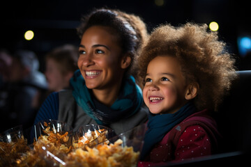 happy african american mother and daughter eating popcorn at night cinema. ia generated