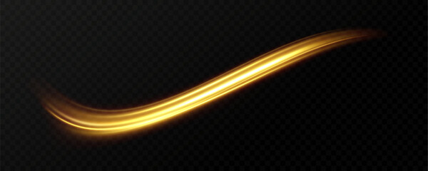 Golden glowing swirl. The effect of moving at the speed of light. Easy trail. Shiny wavy path. Vector.Neon light.