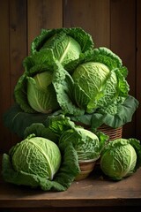 Fototapeta premium View of fresh cabbage on wooden table.