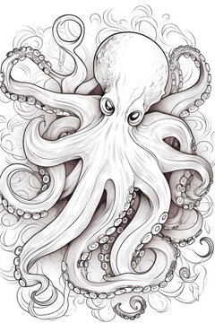 Octopus coloring page with underwater scene in a line art hand drawn style (1)