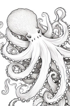 Octopus coloring page with underwater scene in a line art hand drawn style (1)
