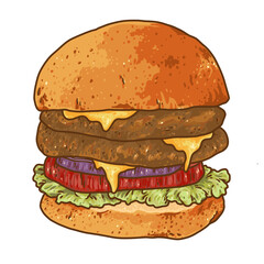 hamburger isolated on white. Double beef burger with melted mayonnaise hand drawing illustration transparent background.