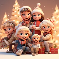 Cute happy children in winter clothes celebrating christmas
