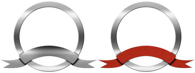 3D illustration of a round metal icons or symbols with empty red (red velvet) and metallic ribbon...