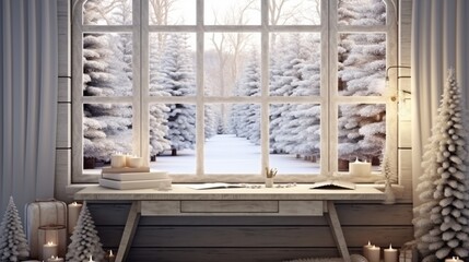 interior winter home desk room Christmas snow time with desk free space