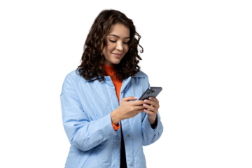 PNG of a girl with a phone isolated on a white background.