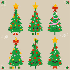 Cute Christmas trees characters with Christmas gifts and holy berry. Vector Illustration set