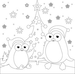 Christmas winter landscape with penguins and Christmas tree. Vector black and white coloring page.