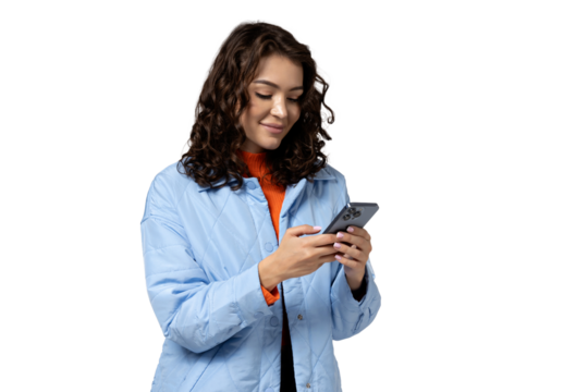 PNG of a girl with a phone isolated on a white background.