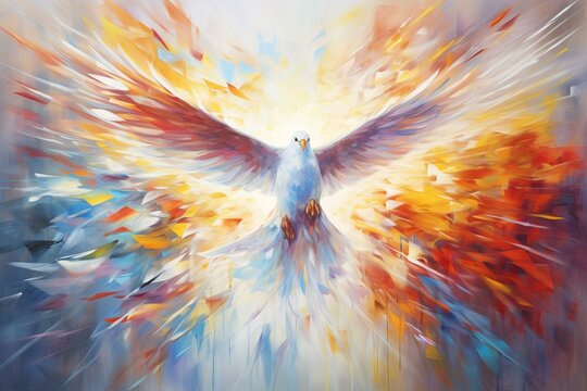 Abstract colorful painting of a dove representing the holy spirit and Christian spirituality. Generative AI