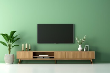 A modern living room with a wooden TV stand set against a green wall. Generative AI - obrazy, fototapety, plakaty