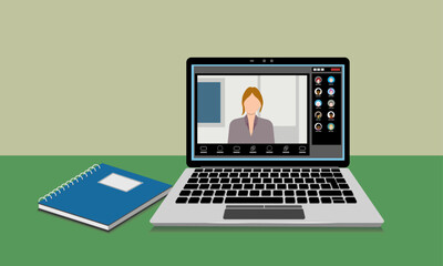 Laptop with a real-time video meeting application. Ongoing meeting with presentation and team members. Simplified flat style. Vector Illustration