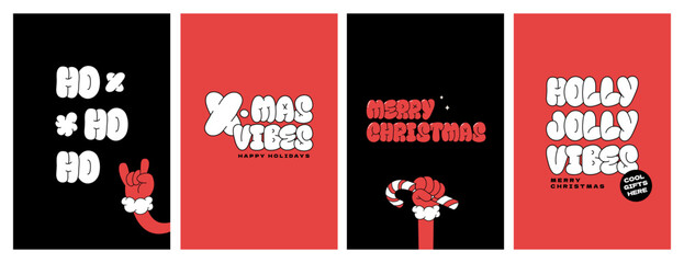 Merry Christmas groovy funny cartoon posters. Santa Claus, Ho-ho-ho, Xmas holly jolly vibes in trendy funky retro cartoon style. Greeting cards, template, posters, prints and backgrounds.