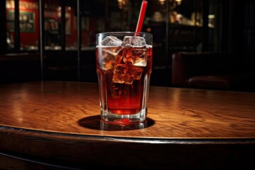 Glass of whiskey with ice cubes on the bar counter in a pub, Glass of cola on bar desk, AI Generated - obrazy, fototapety, plakaty