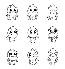 Cute dragon character. Coloring Page. Kawaii mythological fairy tale creature. Vector drawing. Collection of design elements.