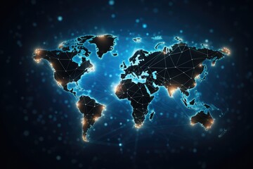 Fototapeta na wymiar Abstract polygonal world map on dark blue background. 3D Rendering, Global network connection. World map point and line composition concept of global business, AI Generated