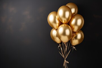 Golden balloons on dark background, space for text. Festive decoration, Gold balloons bunch on a black wall background, AI Generated