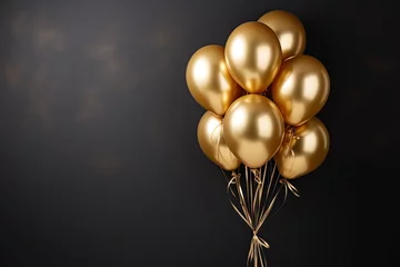 Fotobehang Golden balloons on dark background, space for text. Festive decoration, Gold balloons bunch on a black wall background, AI Generated © Iftikhar alam