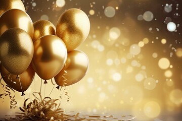 Golden balloons with confetti and ribbons on bokeh background, Golden balloons with ribbons and confetti on bokeh background, AI Generated