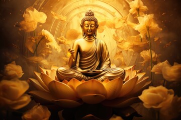 Buddha statue with yellow lotus flower and golden leaf background, Golden buddha in a golden lotus flower, AI Generated - obrazy, fototapety, plakaty