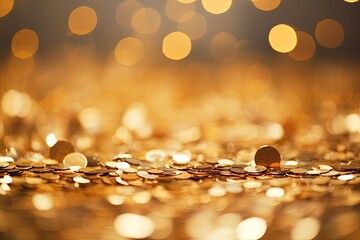 Golden coins on bokeh background. Finance and banking concept, golden confetti on bokeh background. Festive decoration, AI Generated - obrazy, fototapety, plakaty