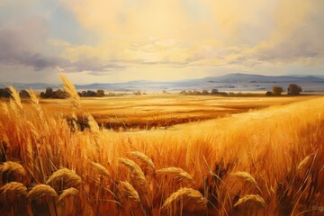 Wheat field and mountains in the background. Digital painting style, Golden field landscape, fantasy, empty background, painting, AI Generated - obrazy, fototapety, plakaty