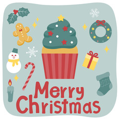 クリスマスツリーのデコレーションのカップケーキとクリスマスにまつわるアイテム