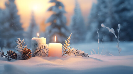Still life with white Christmas candles, pine cones and spruce branches covered with snow and snowfall on forest trees covered with snow and sunset in winter. - obrazy, fototapety, plakaty