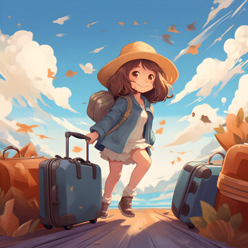 Girl traveling carrying suitcase