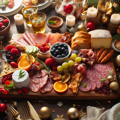 delicious holiday meal with plenty of food, fruits, and wine on a table