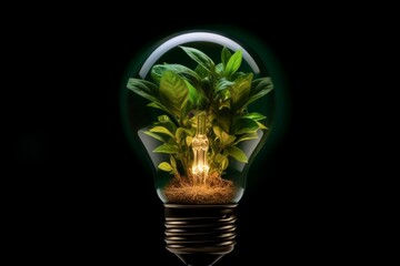 Conceptual visualization of ecology - a green plant grows inside a light bulb against a dark backdrop. Generative AI