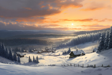 Winter landscape with hut, fence and trees covered with snow, mountains and sunset in the background.