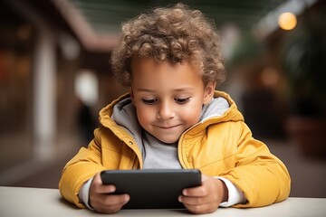 Small child looking at a smartphone. - obrazy, fototapety, plakaty