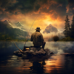 A silhouette of man fishing  - obrazy, fototapety, plakaty