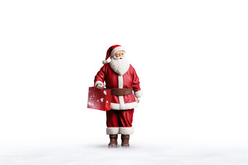 Santa Claus figurine with a shopping bag on a snowy white background. Free space for product placement or advertising text.