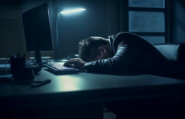 CEO sleeping on table with face down. Exhausted businessman falling asleep at workplace. Generate ai - obrazy, fototapety, plakaty