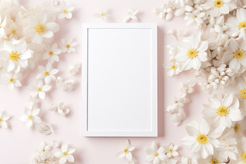 White empty frame on floral pink background. Free space for product placement or advertising text.
