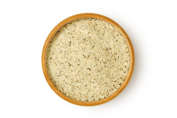 Buckwheat flour in wooden bowl on white background
