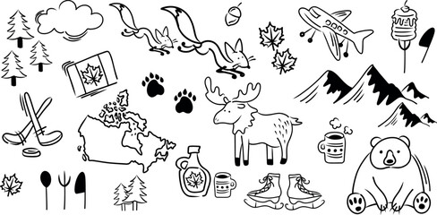 Canada traditional Doodle-style, hand-drawn set. Vector concept for greeting cards, banners and posters. Flag, maple leaves and animals. © Кристина Барсукова