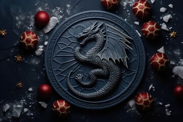 Magical fantasy wooden dragon in a circle on dark blue festive background with christmas balls